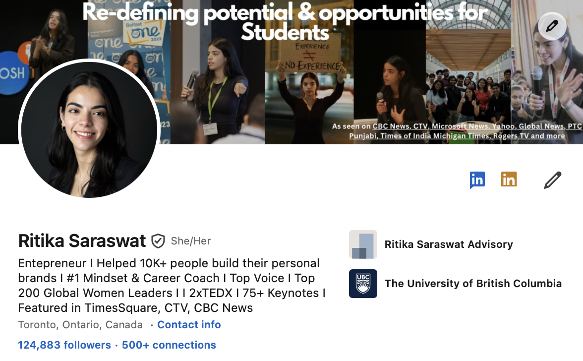 Ritika Saraswat's LinkedIn profile — 124,883 followers, Top Voice, 2x TEDx, featured in CBC News, CTV, Times Square